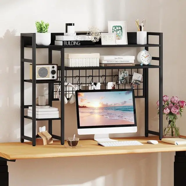 Alt view image 2 of 7 - Desktop Bookshelf for Monitors up to 32", 37" x 10" Countertop Organizer with 4 Open Shelves, Grid Panel with 6 Hooks, Anti-Tip Safety Kit, and Adjustable Feet for Home Office (Black)