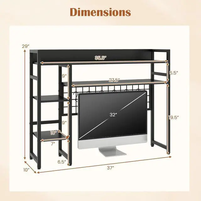 Alt view image 3 of 7 - Desktop Bookshelf for Monitors up to 32", 37" x 10" Countertop Organizer with 4 Open Shelves, Grid Panel with 6 Hooks, Anti-Tip Safety Kit, and Adjustable Feet for Home Office (Black)