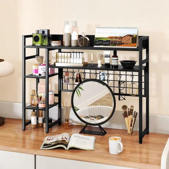 Alt view image 4 of 7 - Desktop Bookshelf for Monitors up to 32", 37" x 10" Countertop Organizer with 4 Open Shelves, Grid Panel with 6 Hooks, Anti-Tip Safety Kit, and Adjustable Feet for Home Office (Black)