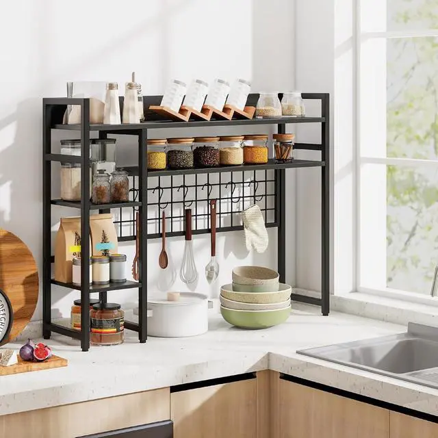 Alt view image 5 of 7 - Desktop Bookshelf for Monitors up to 32", 37" x 10" Countertop Organizer with 4 Open Shelves, Grid Panel with 6 Hooks, Anti-Tip Safety Kit, and Adjustable Feet for Home Office (Black)