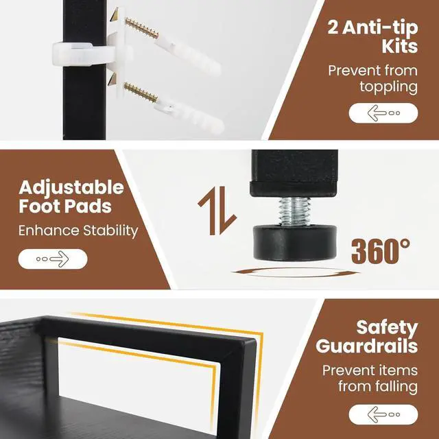 Alt view image 7 of 7 - Desktop Bookshelf for Monitors up to 32", 37" x 10" Countertop Organizer with 4 Open Shelves, Grid Panel with 6 Hooks, Anti-Tip Safety Kit, and Adjustable Feet for Home Office (Black)