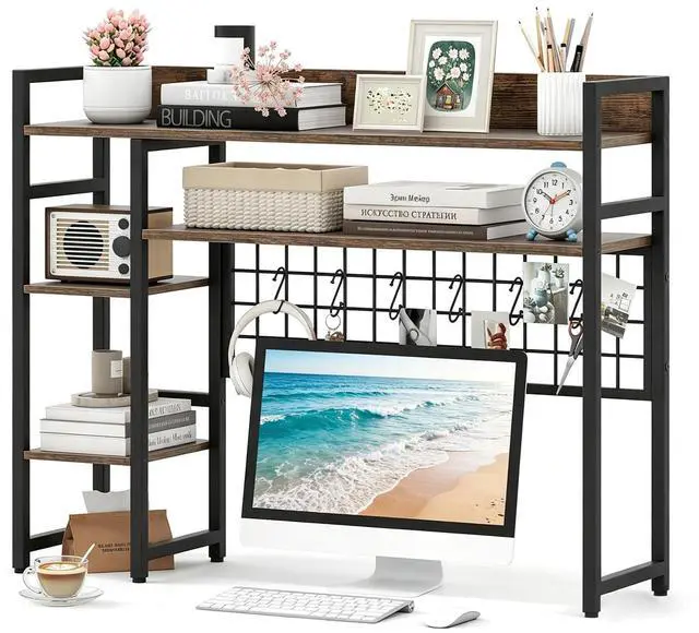 Main image of Desktop Bookshelf for Monitors up to 32", 37" x 10" Countertop Organizer with 4 Open Shelves, Grid Panel with 6 Hooks, Anti-Tip Safety Kit, and Adjustable Feet for Home Office (Brown)