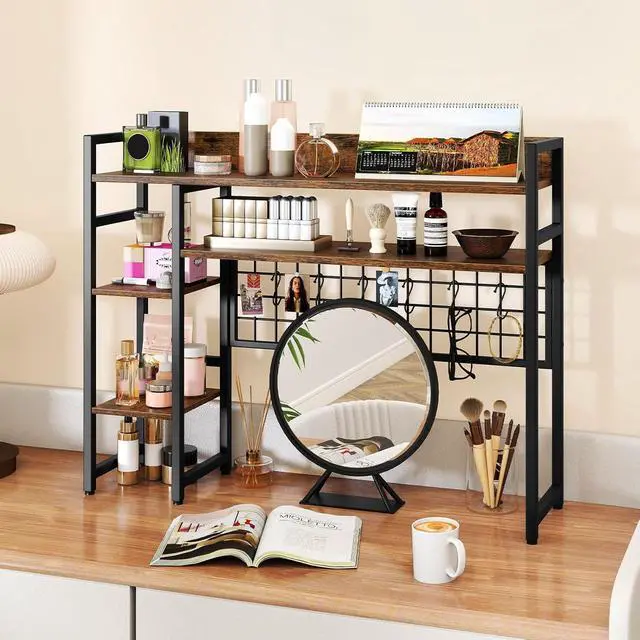 Alt view image 4 of 7 - Desktop Bookshelf for Monitors up to 32", 37" x 10" Countertop Organizer with 4 Open Shelves, Grid Panel with 6 Hooks, Anti-Tip Safety Kit, and Adjustable Feet for Home Office (Brown)