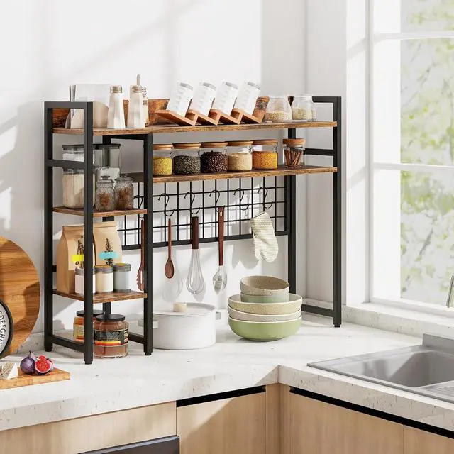 Alt view image 5 of 7 - Desktop Bookshelf for Monitors up to 32", 37" x 10" Countertop Organizer with 4 Open Shelves, Grid Panel with 6 Hooks, Anti-Tip Safety Kit, and Adjustable Feet for Home Office (Brown)