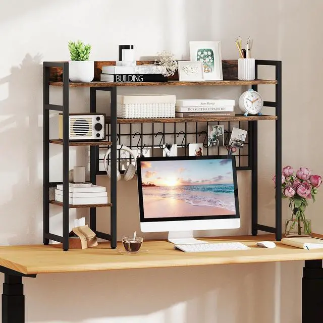 Alt view image 2 of 7 - Desktop Bookshelf for Monitors up to 32", 37" x 10" Countertop Organizer with 4 Open Shelves, Grid Panel with 6 Hooks, Anti-Tip Safety Kit, and Adjustable Feet for Home Office (Brown)