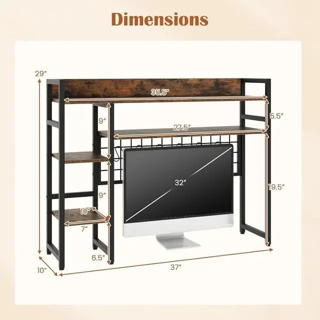 Alt view image 3 of 7 - Desktop Bookshelf for Monitors up to 32", 37" x 10" Countertop Organizer with 4 Open Shelves, Grid Panel with 6 Hooks, Anti-Tip Safety Kit, and Adjustable Feet for Home Office (Brown)