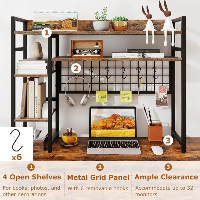 Alt view image 6 of 7 - Desktop Bookshelf for Monitors up to 32", 37" x 10" Countertop Organizer with 4 Open Shelves, Grid Panel with 6 Hooks, Anti-Tip Safety Kit, and Adjustable Feet for Home Office (Brown)