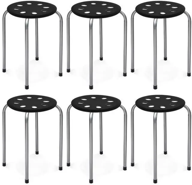 Main image of 17.5-inch Height 6-Pack Round Plastic Stack Stools, Black+Grey | Backless School Classroom Decoration Stools with Metal Frame, Portable Stackable Chairs for Kids Children Students