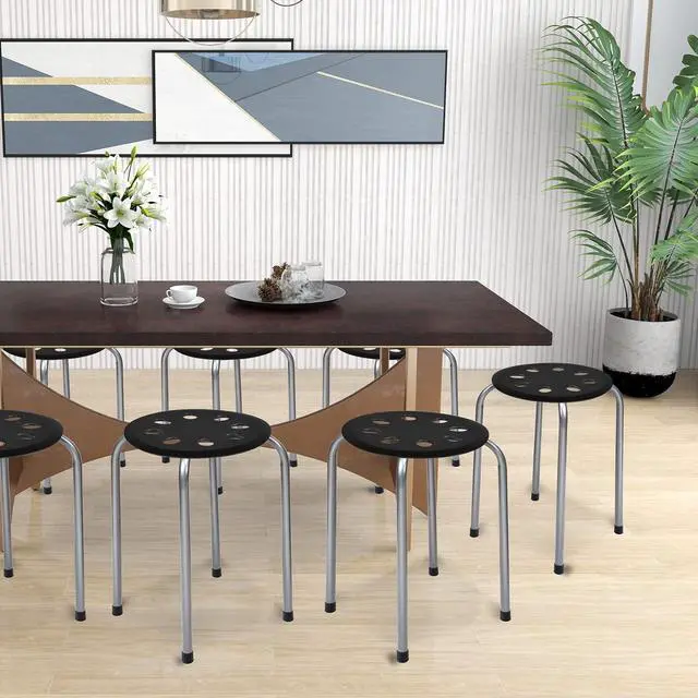 Alt view image 2 of 7 - 17.5-inch Height 6-Pack Round Plastic Stack Stools, Black+Grey | Backless School Classroom Decoration Stools with Metal Frame, Portable Stackable Chairs for Kids Children Students