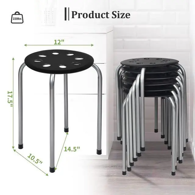 Alt view image 3 of 7 - 17.5-inch Height 6-Pack Round Plastic Stack Stools, Black+Grey | Backless School Classroom Decoration Stools with Metal Frame, Portable Stackable Chairs for Kids Children Students