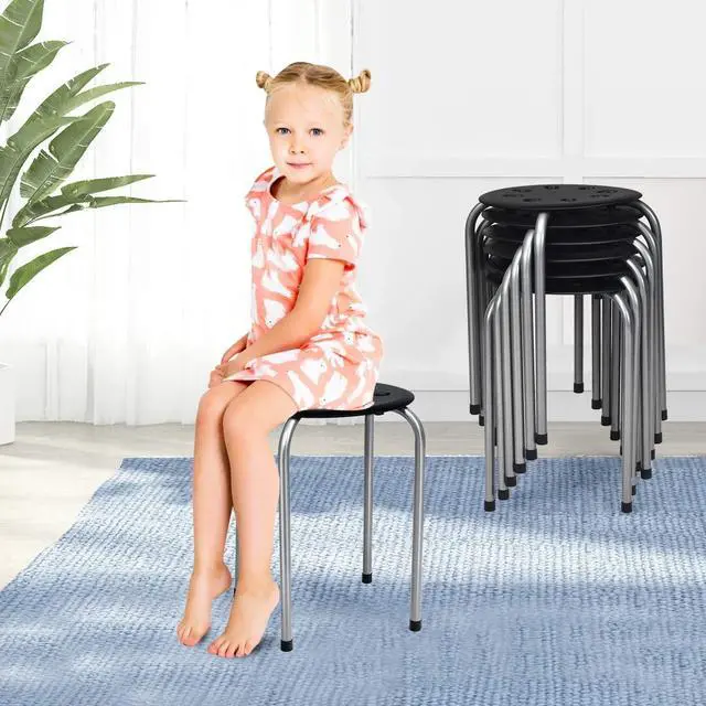 Alt view image 5 of 7 - 17.5-inch Height 6-Pack Round Plastic Stack Stools, Black+Grey | Backless School Classroom Decoration Stools with Metal Frame, Portable Stackable Chairs for Kids Children Students