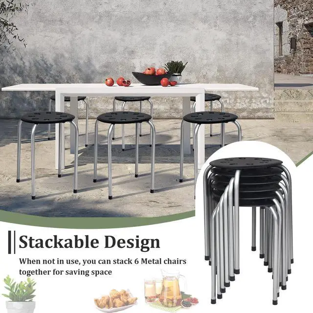 Alt view image 6 of 7 - 17.5-inch Height 6-Pack Round Plastic Stack Stools, Black+Grey | Backless School Classroom Decoration Stools with Metal Frame, Portable Stackable Chairs for Kids Children Students