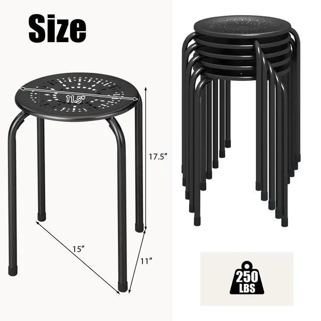 Alt view image 3 of 7 - 6-Pack Metal Stackable Stools, 17.5'' Backless Nesting With Round Top, Metal Frame for Home Office School, Adults Students Flexible Seating, Portable Classroom Set of 6 (Black)