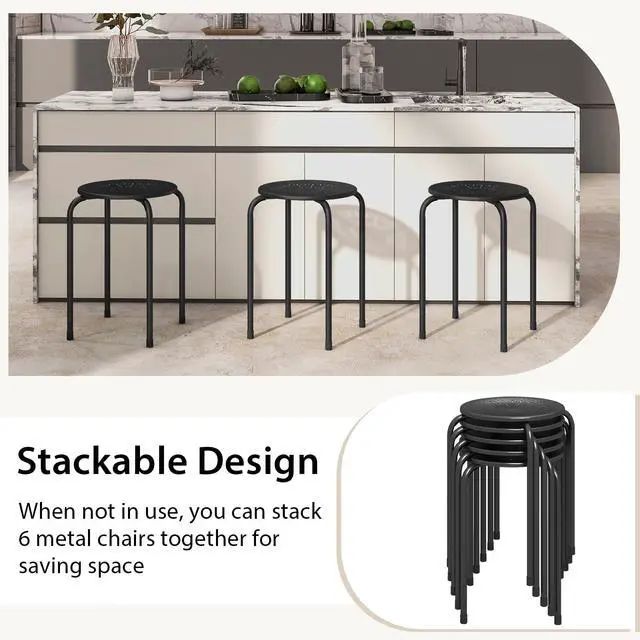 Alt view image 4 of 7 - 6-Pack Metal Stackable Stools, 17.5'' Backless Nesting With Round Top, Metal Frame for Home Office School, Adults Students Flexible Seating, Portable Classroom Set of 6 (Black)