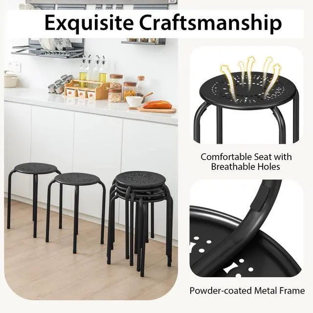 Alt view image 6 of 7 - 6-Pack Metal Stackable Stools, 17.5'' Backless Nesting With Round Top, Metal Frame for Home Office School, Adults Students Flexible Seating, Portable Classroom Set of 6 (Black)