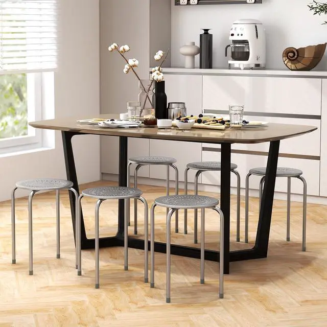 Alt view image 2 of 7 - 6-Pack Metal Stackable Stools, 17.5 Backless Nesting Stools w/Round Top, Metal Frame for Home Office School, Adults Students Flexible Seating, Portable Classroom Stools Set of 6 (Grey)