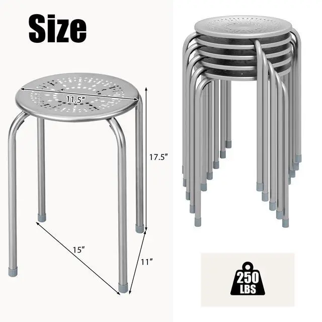 Alt view image 3 of 7 - 6-Pack Metal Stackable Stools, 17.5 Backless Nesting Stools w/Round Top, Metal Frame for Home Office School, Adults Students Flexible Seating, Portable Classroom Stools Set of 6 (Grey)