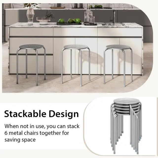 Alt view image 4 of 7 - 6-Pack Metal Stackable Stools, 17.5 Backless Nesting Stools w/Round Top, Metal Frame for Home Office School, Adults Students Flexible Seating, Portable Classroom Stools Set of 6 (Grey)
