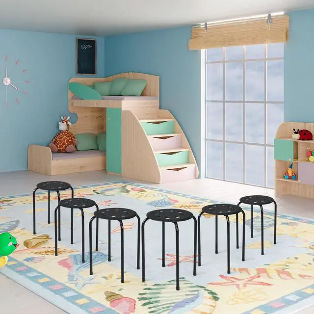 Alt view image 2 of 7 - Stackable Stools Set of 6, 17.5in Portable Stacking Bar Stool Black Classroom Stools with Iron Legs Round Nesting Chairs Flexible Seating for Home Office School