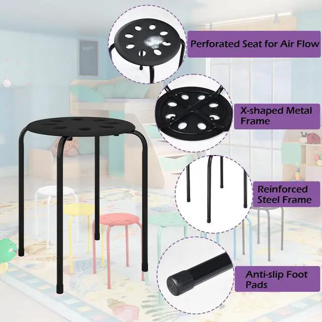 Alt view image 5 of 7 - Stackable Stools Set of 6, 17.5in Portable Stacking Bar Stool Black Classroom Stools with Iron Legs Round Nesting Chairs Flexible Seating for Home Office School