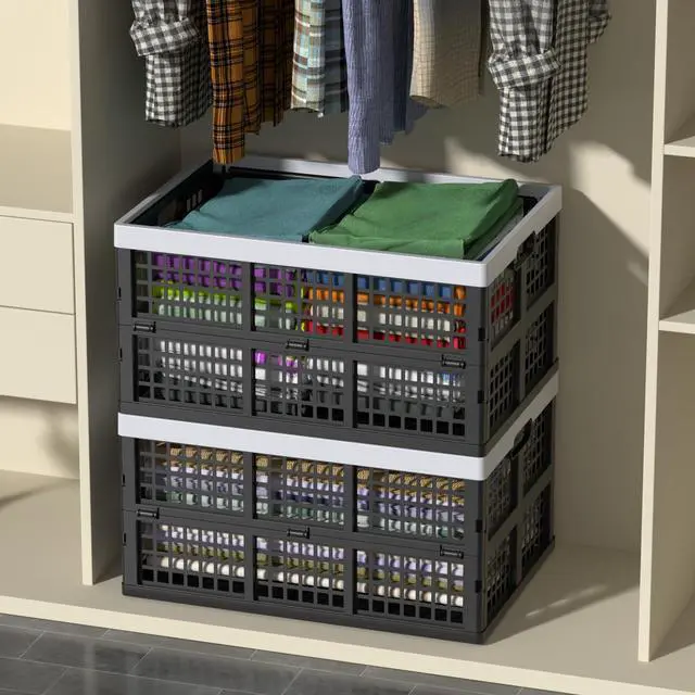 Alt view image 6 of 7 - 42 L Plastic Stacking Collapsible Storage Crates, 4 Packs | Folding Crate