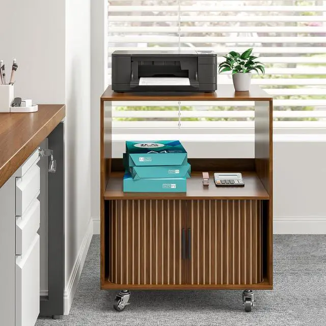 Main image of Printer Stand, 2-Tier Rolling Printer Cart with Wheels and Sliding Door, Under Desk Printer Table for Home Office, Walnut, 23.62" (Walnut)