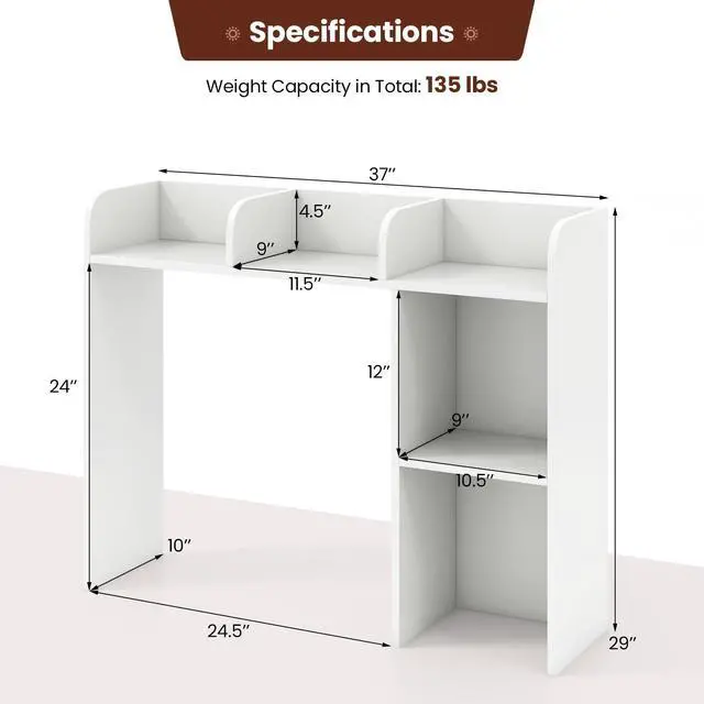 Alt view image 2 of 7 - Desktop Bookshelf, 3-Tier Desk Organizer Shelves with 5 Display Rack, Countertop Storage Bookcase for Computer Desk, Desk Hutch Shelf for Top of Desk, Dorm, Home, Office (White)