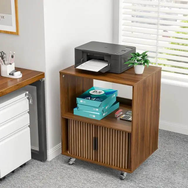 Alt view image 7 of 7 - Printer Stand, 2-Tier Rolling Printer Cart with Wheels and Sliding Door, Under Desk Printer Table for Home Office, Walnut, 23.62" (Walnut)
