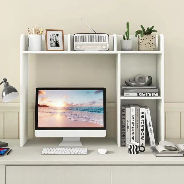Main image of Desktop Bookshelf, 3-Tier Desk Organizer Shelves with 5 Display Rack, Countertop Storage Bookcase for Computer Desk, Desk Hutch Shelf for Top of Desk, Dorm, Home, Office (White)