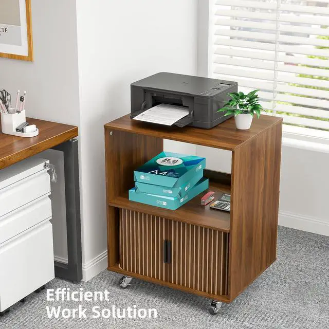 Alt view image 5 of 7 - Printer Stand, 2-Tier Rolling Printer Cart with Wheels and Sliding Door, Under Desk Printer Table for Home Office, Walnut, 23.62" (Walnut)