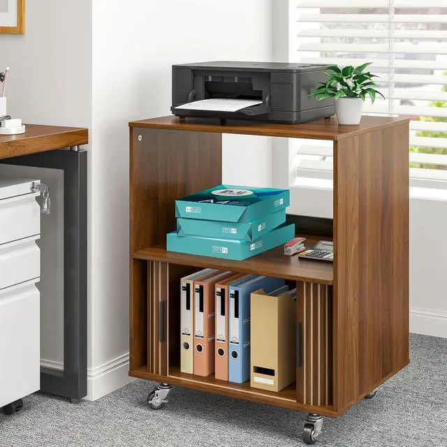Alt view image 6 of 7 - Printer Stand, 2-Tier Rolling Printer Cart with Wheels and Sliding Door, Under Desk Printer Table for Home Office, Walnut, 23.62" (Walnut)