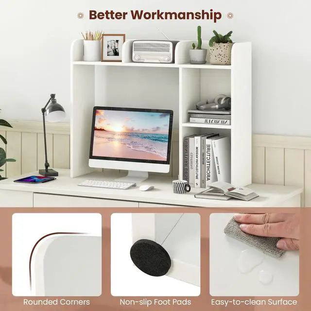 Alt view image 4 of 7 - Desktop Bookshelf, 3-Tier Desk Organizer Shelves with 5 Display Rack, Countertop Storage Bookcase for Computer Desk, Desk Hutch Shelf for Top of Desk, Dorm, Home, Office (White)