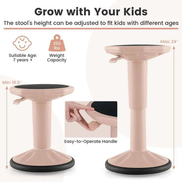 Alt view image 4 of 7 - Wobble Stool, Height Adjustable 16.5-24" Flexible Seating (Pink) | Wobble Chair with 360° Rocking, Non-Slip Base, Convenient Handle, No Assembly, Active Seating for Classroom, Home, Office