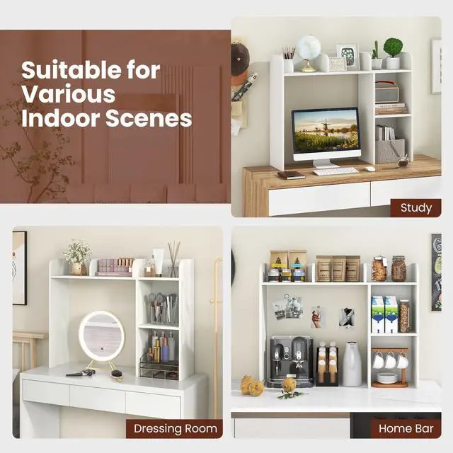 Alt view image 6 of 7 - Desktop Bookshelf, 3-Tier Desk Organizer Shelves with 5 Display Rack, Countertop Storage Bookcase for Computer Desk, Desk Hutch Shelf for Top of Desk, Dorm, Home, Office (White)