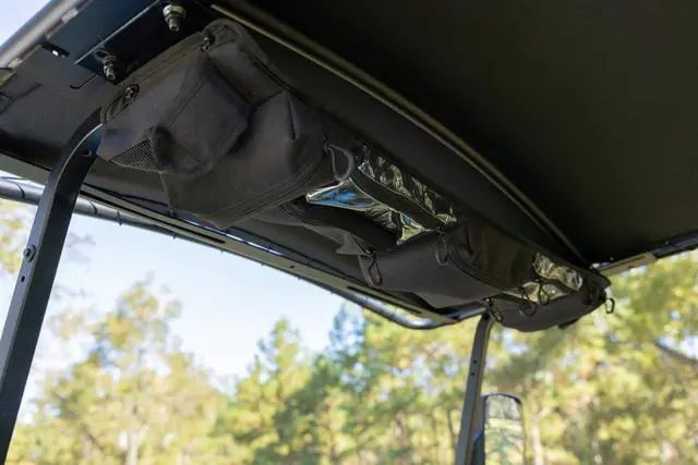 Alt view image 2 of 7 - RedDot Overhead Golf Cart Black Canvas Storage Organizer | Compatible with EZGO, Club Car, MadJax XSeries, Yamaha Golf Carts with RedDot Versa Triple Track and Topsail Tops