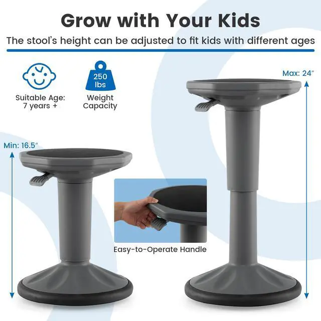 Alt view image 4 of 7 - Wobble Stool, Height Adjustable 16.5-24" Flexible Seating (Grey) | Wobble Chair with 360° Rocking, Non-Slip Base, Convenient Handle, No Assembly, Active Seating for Classroom, Home, Office