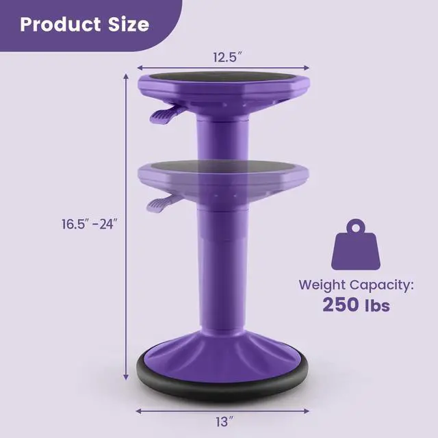 Alt view image 3 of 7 - Wobble Stool, Height Adjustable 16.5-24" Flexible Seating (Purple) | Wobble Chair with 360° Rocking, Non-Slip Base, Convenient Handle, No Assembly, Active Seating for Classroom, Home, Office