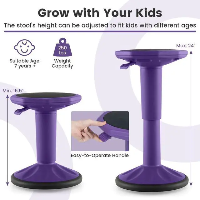 Alt view image 5 of 7 - Wobble Stool, Height Adjustable 16.5-24" Flexible Seating (Purple) | Wobble Chair with 360° Rocking, Non-Slip Base, Convenient Handle, No Assembly, Active Seating for Classroom, Home, Office