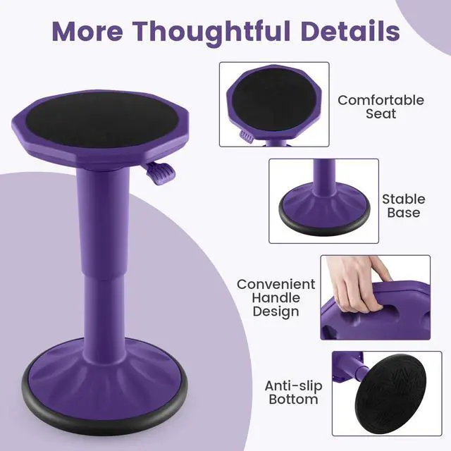 Alt view image 6 of 7 - Wobble Stool, Height Adjustable 16.5-24" Flexible Seating (Purple) | Wobble Chair with 360° Rocking, Non-Slip Base, Convenient Handle, No Assembly, Active Seating for Classroom, Home, Office