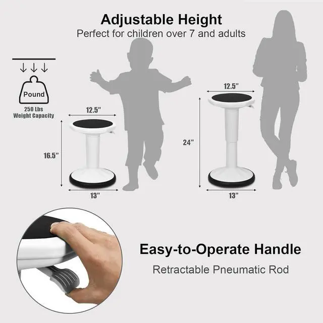 Alt view image 3 of 7 - Wobble Stool, Height Adjustable 16.5-24" Flexible Seating (White) | Wobble Chair with 360° Rocking, Non-Slip Base, Convenient Handle, No Assembly, Active Seating for Classroom, Home, Office