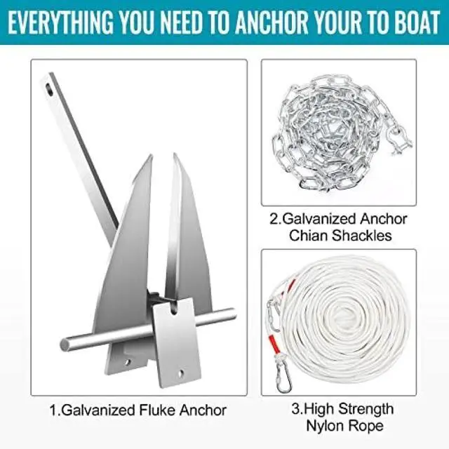 Alt view image 6 of 7 - Boat Anchor Kit, Fluke Style Anchor, Hot-Dipped Galvanized Steel, Kit Includes Galvanized Fluke Anchor, Anchor Chain,Rope, Shackles,Boat Anchors for 15'-23' Boats