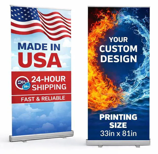 Main image of Custom Retractable Banner with Stand - 33x81 Inch Roll-Up Banner with Travel Bag, 1-Day Turnaround, Ideal for Trade Show Displays, Made in the USA