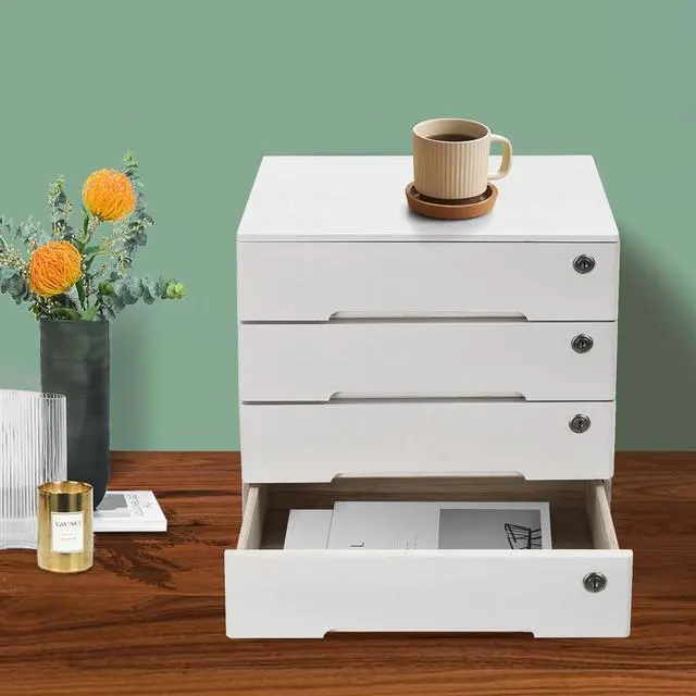 Alt view image 5 of 7 - Wooden Desk Organizer with Drawers & Lock, Desktop Countertop Storage Cabinet Lockable Home Office Supplies File Tabletop Organizing Unit (4 Drawer - Modern White)