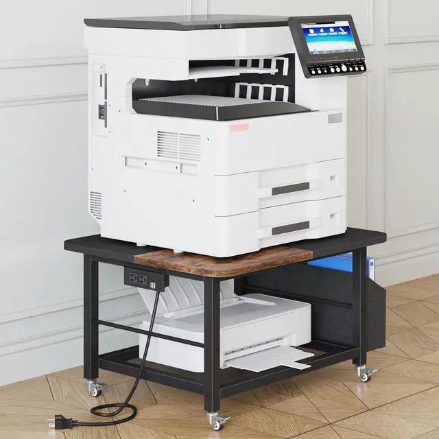 Main image of 23.6" Large Printer Stand with Power Outlet,3D Printer Table | Rustic Brown,Heavy Duty Rolling Cart for Home Office,Storage Side Pocket,Holds 150 lbs,Fit 3D Printer/Laser/Heat Press Table