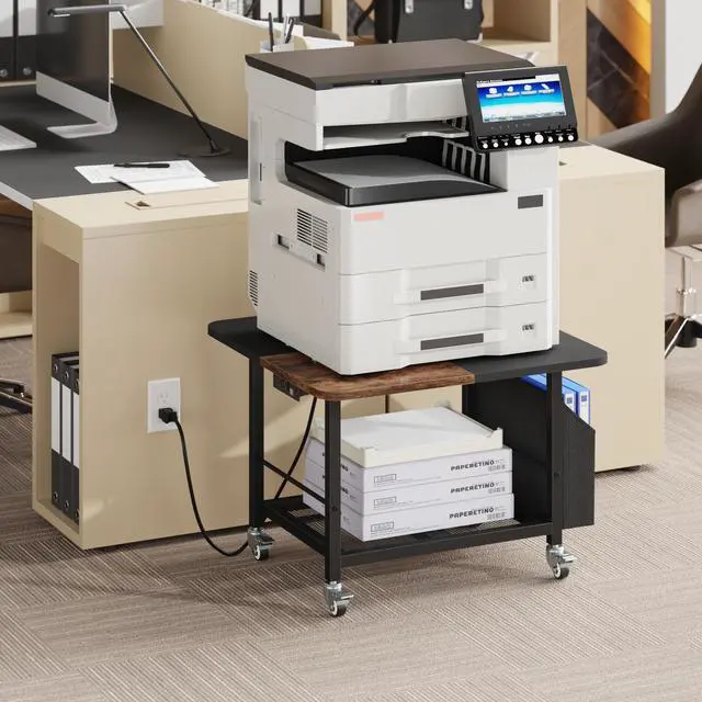 Alt view image 2 of 7 - 23.6" Large Printer Stand with Power Outlet,3D Printer Table | Rustic Brown,Heavy Duty Rolling Cart for Home Office,Storage Side Pocket,Holds 150 lbs,Fit 3D Printer/Laser/Heat Press Table
