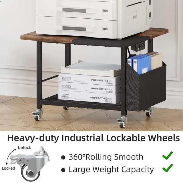 Alt view image 4 of 7 - 23.6" Large Printer Stand with Power Outlet,3D Printer Table | Rustic Brown,Heavy Duty Rolling Cart for Home Office,Storage Side Pocket,Holds 150 lbs,Fit 3D Printer/Laser/Heat Press Table