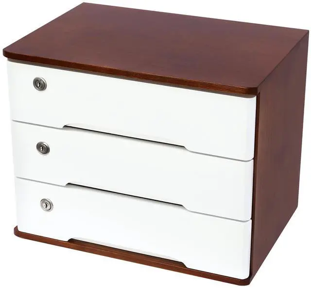 Main image of Wood Desk Organizer with 3 Drawers, Lockable Desktop Countertop Storage Cabinet for Home Office Supplies File Tabletop Organizing Unit, 15.75" x 11.02" x 12.2" (Dark Brown + White)