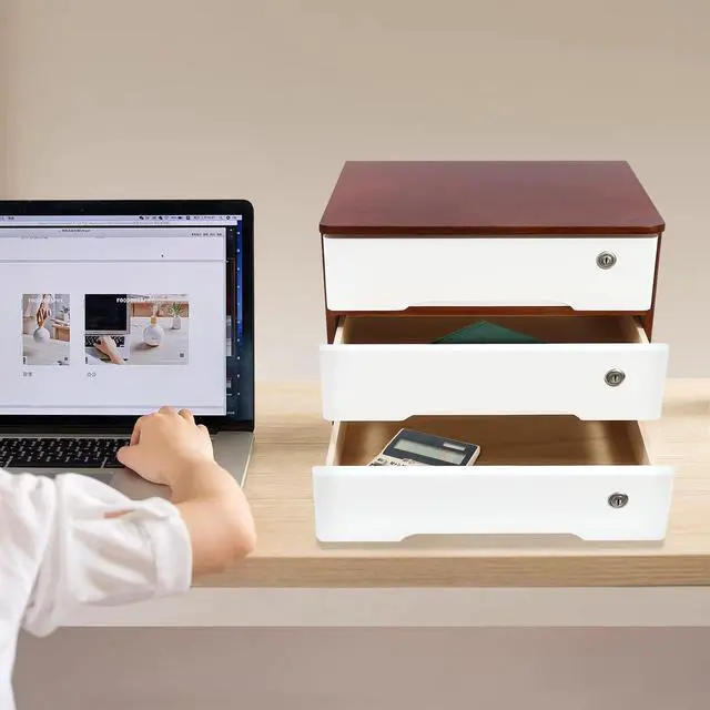 Alt view image 2 of 7 - Wood Desk Organizer with 3 Drawers, Lockable Desktop Countertop Storage Cabinet for Home Office Supplies File Tabletop Organizing Unit, 15.75" x 11.02" x 12.2" (Dark Brown + White)