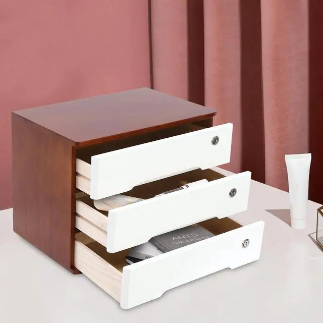 Alt view image 4 of 7 - Wood Desk Organizer with 3 Drawers, Lockable Desktop Countertop Storage Cabinet for Home Office Supplies File Tabletop Organizing Unit, 15.75" x 11.02" x 12.2" (Dark Brown + White)