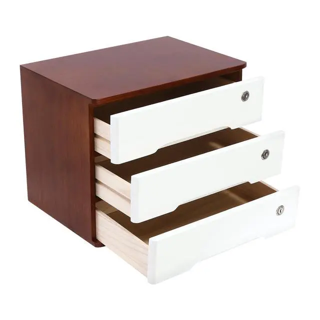 Alt view image 7 of 7 - Wood Desk Organizer with 3 Drawers, Lockable Desktop Countertop Storage Cabinet for Home Office Supplies File Tabletop Organizing Unit, 15.75" x 11.02" x 12.2" (Dark Brown + White)